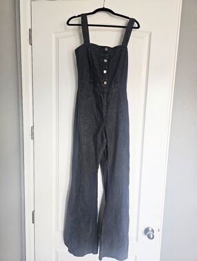 Dark Wash Flare Denim Jumpsuit Button Front Wide Leg Small Jealous Tomato